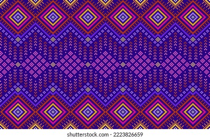 Geometric ethnic pattern, Vector embroidery aztec background, Pixel continuous zigzag style, Pink and blue pattern Nordic repetitive, Design for textile, fabric, batik, kaftan, wall art