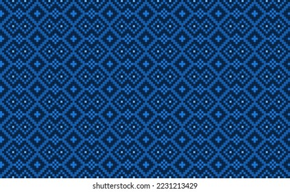 Geometric ethnic pattern, Vector embroidery oriental background, Pixel repeat Morocco style, Blue pattern ikat vintage, Design for textile, fabric, batik, wallpaper, graphic