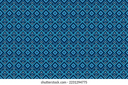 Geometric ethnic pattern, Vector embroidery aztec background, Pixel continuous Nordic style, Blue pattern ethnic illustration, Design for textile, fabric, curtain, curtain, wall art