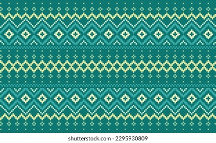 Geometric ethnic pattern, Vector embroidery pattern background, Pixel traditional triangle style, Green pattern knitting vintage, Design for textile, fabric, batik, kaftan, fibres