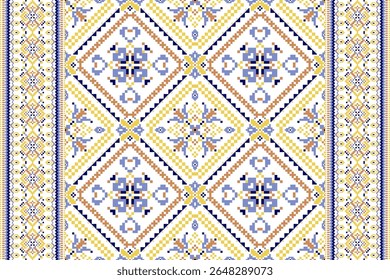 Motif ethnique géométrique, motif de conception géométrique, Motif oriental géométrique sur fond bleu, Illustration vectorielle, arrière-plan abstrait, broderie au point de croix floral, arrière-plan design abstrait, impression