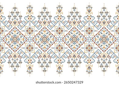 Padrão étnico geométrico,floral geométrico sobre fundo branco,padrão de design de ponto transversal floral,ilustração vetorial,estilo asteca,background.design abstrato para textura,tecido,roupas,decoração,cachecol