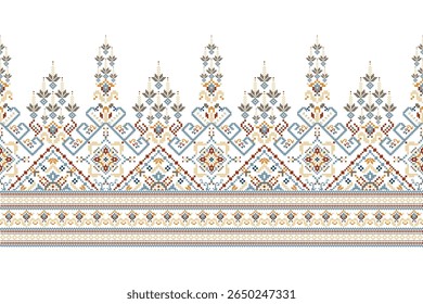Padrão étnico geométrico,floral geométrico sobre fundo branco,padrão de design de ponto transversal floral,ilustração vetorial,estilo asteca,background.design abstrato para textura,tecido,roupas,decoração,cachecol