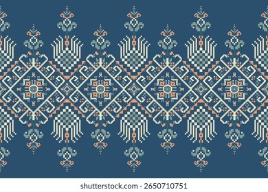 Padrão étnico geométrico,floral geométrico sobre fundo azul,padrão de design de ponto transversal floral,ilustração vetorial,estilo asteca,background.design abstrato para textura,tecido,roupas,decoração,cachecol