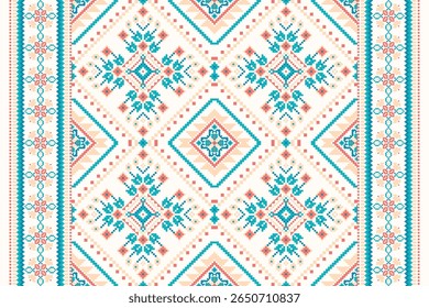 Motif ethnique géométrique, motif floral géométrique sur fond blanc, motif de motif de point de croix floral, illustration vectorielle, style aztèque, arrière-plan abstrait.création pour texture, tissu, vêtements, décoration, écharpe
