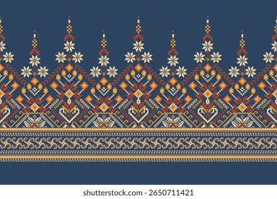 Padrão étnico geométrico,floral geométrico sobre fundo azul,padrão de design de ponto transversal floral,ilustração vetorial,estilo asteca,background.design abstrato para textura,tecido,roupas,decoração,cachecol
