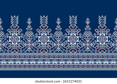 Motif ethnique géométrique, motif floral géométrique sur fond bleu, motif de motif de point de croix floral, illustration vectorielle, style aztèque, arrière-plan abstrait.création pour texture, tissu, vêtements, décoration, écharpe