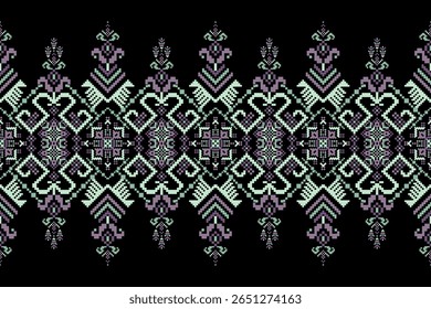 Motif ethnique géométrique, motif floral géométrique sur fond noir, motif de motif de point de croix floral, illustration vectorielle, style aztèque, arrière-plan abstrait.création pour texture, tissu, vêtements, décoration, écharpe
