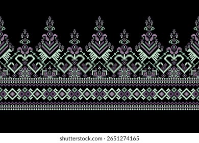 Padrão étnico geométrico,floral geométrico sobre fundo preto,padrão de design de ponto transversal floral,ilustração vetorial,estilo asteca,background.design abstrato para textura,tecido,roupas,decoração,cachecol