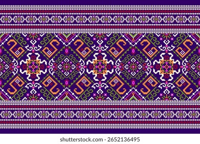 Padrão étnico geométrico,floral geométrico sobre fundo roxo,padrão de design de ponto transversal floral,ilustração vetorial,estilo asteca,background.design abstrato para textura,tecido,roupas,decoração,tapete.