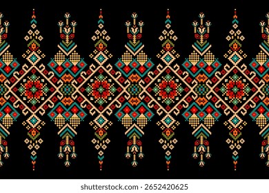 Padrão étnico geométrico,floral geométrico sobre fundo preto,padrão de design de ponto transversal floral,ilustração vetorial,estilo asteca,background.design abstrato para textura,tecido,roupas,decoração,tapete.