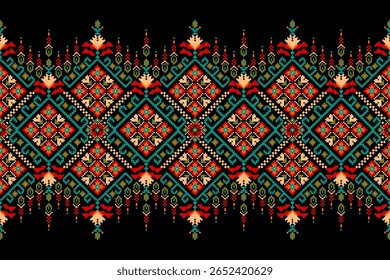 Padrão étnico geométrico,floral geométrico sobre fundo preto,padrão de design de ponto transversal floral,ilustração vetorial,estilo asteca,background.design abstrato para textura,tecido,roupas,decoração,tapete.