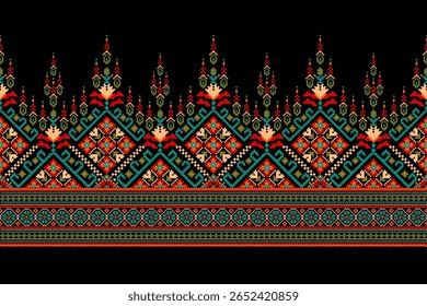 Padrão étnico geométrico,floral geométrico sobre fundo preto,padrão de design de ponto transversal floral,ilustração vetorial,estilo asteca,background.design abstrato para textura,tecido,roupas,decoração,tapete.