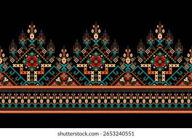 Padrão étnico geométrico,floral geométrico sobre fundo preto,padrão de design de ponto transversal floral,ilustração vetorial,estilo asteca,background.design abstrato para textura,tecido,roupas,decoração,tapete.
