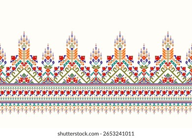 Padrão étnico geométrico,floral geométrico sobre fundo branco,padrão de design de ponto transversal floral,ilustração vetorial,estilo asteca,background.design abstrato para textura,tecido,roupas,decoração,cachecol