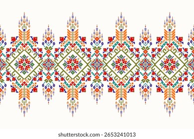 Padrão étnico geométrico,floral geométrico sobre fundo branco,padrão de design de ponto transversal floral,ilustração vetorial,estilo asteca,background.design abstrato para textura,tecido,roupas,decoração,cachecol