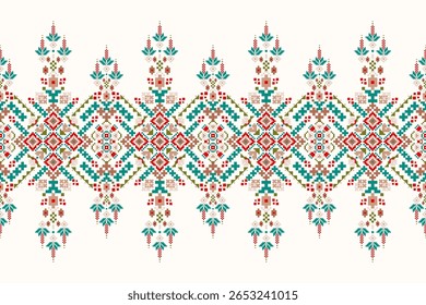 Padrão étnico geométrico,floral geométrico sobre fundo branco,padrão de design de ponto transversal floral,ilustração vetorial,estilo asteca,background.design abstrato para textura,tecido,roupas,decoração,cachecol