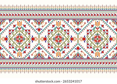 Padrão étnico geométrico,floral geométrico sobre fundo branco,padrão de design de ponto transversal floral,ilustração vetorial,estilo asteca,background.design abstrato para textura,tecido,roupas,decoração,cachecol
