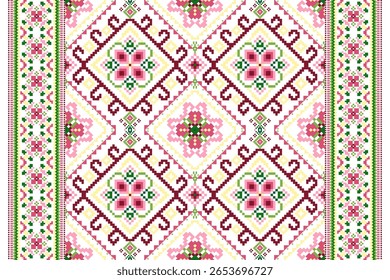 Padrão étnico geométrico,floral geométrico sobre fundo branco,padrão de design de ponto transversal floral,ilustração vetorial,estilo asteca,background.design abstrato para textura,tecido,roupas,decoração,cachecol