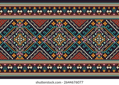 Geometric ethnic Pattern,geometric floral pattern background,vector illustration,Kolkata pattern,Aztec style,abstract background,floral cross stitch embroidery.design for texture,fabric,clothing,sari.