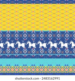 Geometric Ethnic pattern,Native tribal fabric Traditional  cloth sarong Cross stitch pattern in horizontal Pixel Seamless format shapes arranged as tree flowers and stars.Thai cultural horse fabric  