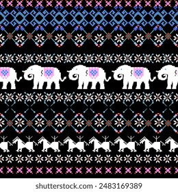 Geometric Ethnic pattern,Native tribal fabric Traditional  cloth sarong Cross stitch pattern in horizontal Pixel Seamless format shapes arranged as tree flowers and stars.Thai cultural elephant fabric