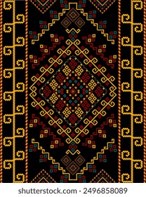 Patrón étnico geométrico, tela tribal nativa Patrón de punto de cruz tradicional de paño sarong en Horizontal Pixel Formas de formato sin costuras dispuestas como flores de árbol y estrellas. Tela de elefante cultural tailandesa