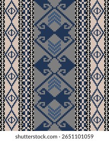 Patrones étnicos geométricos, bordado, ornamento textil, tela, patrones de puntada a mano, arte de píxeles de costura cultural