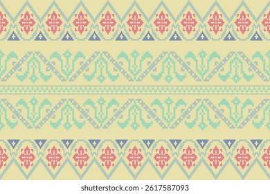 Geometric ethnic patterns.Fabric pattern traditional ethnic motif ikat geometric cross stitch.Ikat Embroidery oriental pixel pattern color background. Abstract,vector.Texture,scarf,motifs,wallpaper.