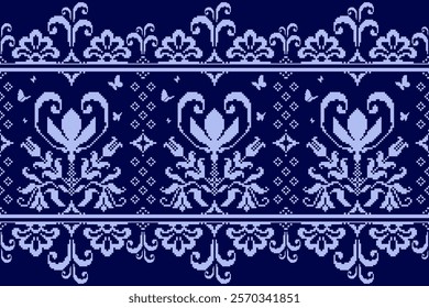 Geometric Ethnic Pixel Art Floral Seamless Pattern. Geometric rugs ethnic design, Tribal ethnic pixel art floral seamless pattern. Design for clothing, fabric, rug, carpet, woven and decoration.