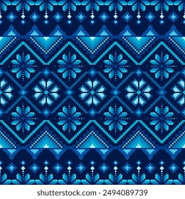 Geometric Ethnic Pixel pattern, Native American tribal fabric, tile, carpet, vector, illustration design, on navy blue background