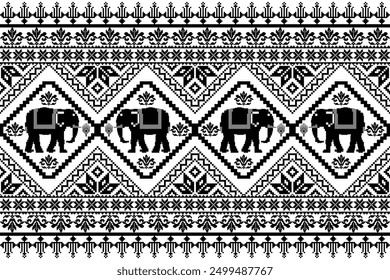 Patrón geométrico de píxeles étnicos . Borde de elefante tailandés, trabajo de punto de cruz de elefante. Diseño para la tela étnica de la puntada cruzada, textil 