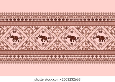 Patrón geométrico de píxeles étnicos, borde de elefante tailandés, trabajo de punto de cruz de elefante. Diseño para el motivo étnico de la tela de la puntada cruzada 
Bordado de ornamentación textil. Patrón cosido a mano. 
