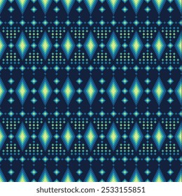 Ilustração vetorial de padrão sem costura de pixel étnico geométrico. Design para fundo, decorativo, têxtil, papel de parede, tecido, papel de embrulho, tapete, sarong, bordados.