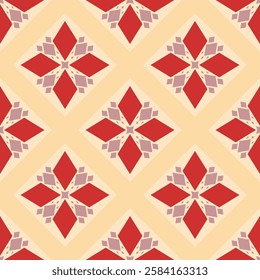 Geometric Ethnic Red Florals Monogram Detailed on Beige Background Pattern. Classy Seamless Vector Traditional Motif Chevron Design for Handicraft Silk Cotton Decoration Interior Apparel Costume Cover