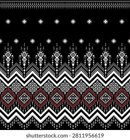 Geometric ethnic seamless border pattern, luxury tribal black and white zigzag vector illustration with red details for fabric, textile embroidery, fashion garment, wrapping.