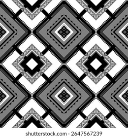 Padrão étnico geométrico sem emenda preto e branco, design de tom cinza para tapete, cortina, roupas, tecido, papel de embrulho, ladrilhos, têxteis, batik, textura e wallpaper.Vetor fundo.