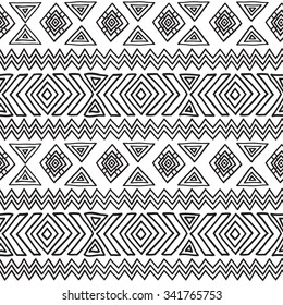Geometric, ethnic, seamless pattern, black and white graphics. Traditional folk structure. For the design and decoration background, wallpaper, packaging, fabrics, textiles.