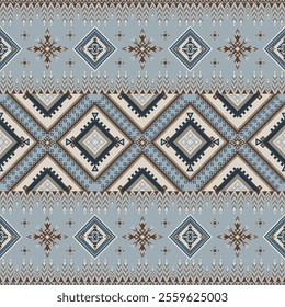 Geometric Ethnic Seamless Pattern in Blue and Brown Tones. perfect for textiles, wallpapers, or digital design projects. characterized by intricate geometric shapes and symmetrical motifs.