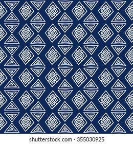 Geometric, ethnic, seamless pattern, blue and white graphics. Traditional folk structure. For the design and decoration background, wallpaper, packaging, fabrics, textiles.
