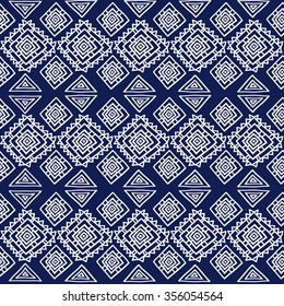 Geometric, ethnic, seamless pattern, blue and white graphics. Traditional folk structure. For the design and decoration background, wallpaper, packaging, fabrics, textiles.
