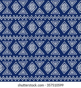 Geometric, ethnic, seamless pattern, blue and white graphics. Traditional folk structure. For the design and decoration background, wallpaper, packaging, fabrics, textiles.