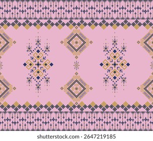Geometric ethnic Seamless Pattern. Seamless boho tribal pattern with pink background and navy geometric elements. Inspired by ethnic textiles, perfect for fabric design and digital projects.
