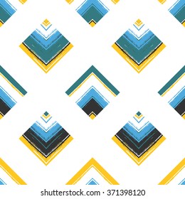 Geometric ethnic seamless pattern with brushstrokes. Blue colors