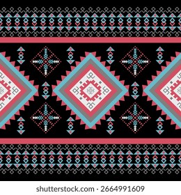 Padrão étnico geométrico sem emenda colorido no design de fundo preto para tapete, cortina,
vestuário,tecido,papel de embrulho,azulejos,têxteis,batik,textura e wallpaper.Vetor fundo.
