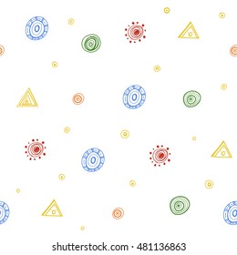 Geometric, ethnic seamless pattern. colorful graphic circles and triangles, hand drawn, abstract shapes, vector texture