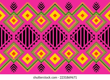 Geometric ethnic seamless pattern India boho Aztec  yellow  green and black on pink background.Use for fabric textile 
background,wallpaper,clothing 
and wrapping.