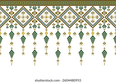 Geometric Ethnic seamless pattern, Native American tribal fabric, tile, vector, illustration design, oriental traditional green yellow gray brown background, wallpaper