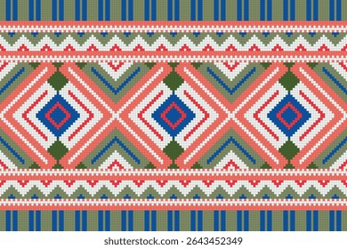 a geometric ethnic seamless pattern, reminiscent of traditional textiles and embroidery styles. 