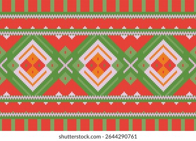 a geometric ethnic seamless pattern, reminiscent of traditional textiles and embroidery styles. 